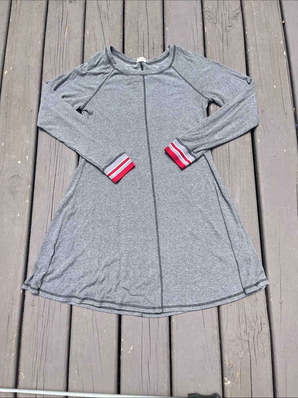 Hem & Thread Long Sleeve Gray Swing Dress with Red Accent Cuffs